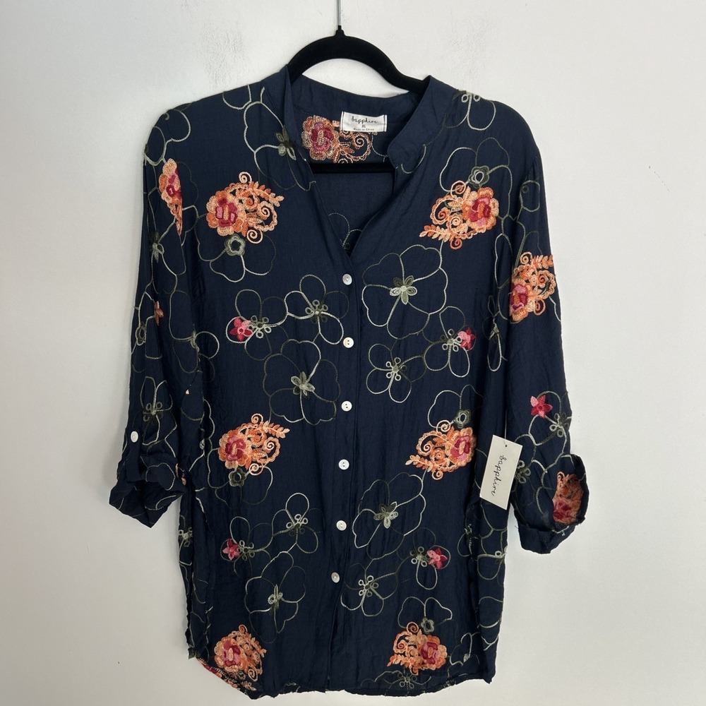 Sapphire Women's XL NWT Roll Tab Sleeves Floral Embroidery Navy Button-up Blouse